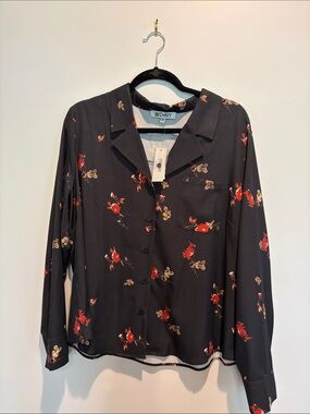WD.NY Black Button-Down Shirt with Red and Tan Floral Print